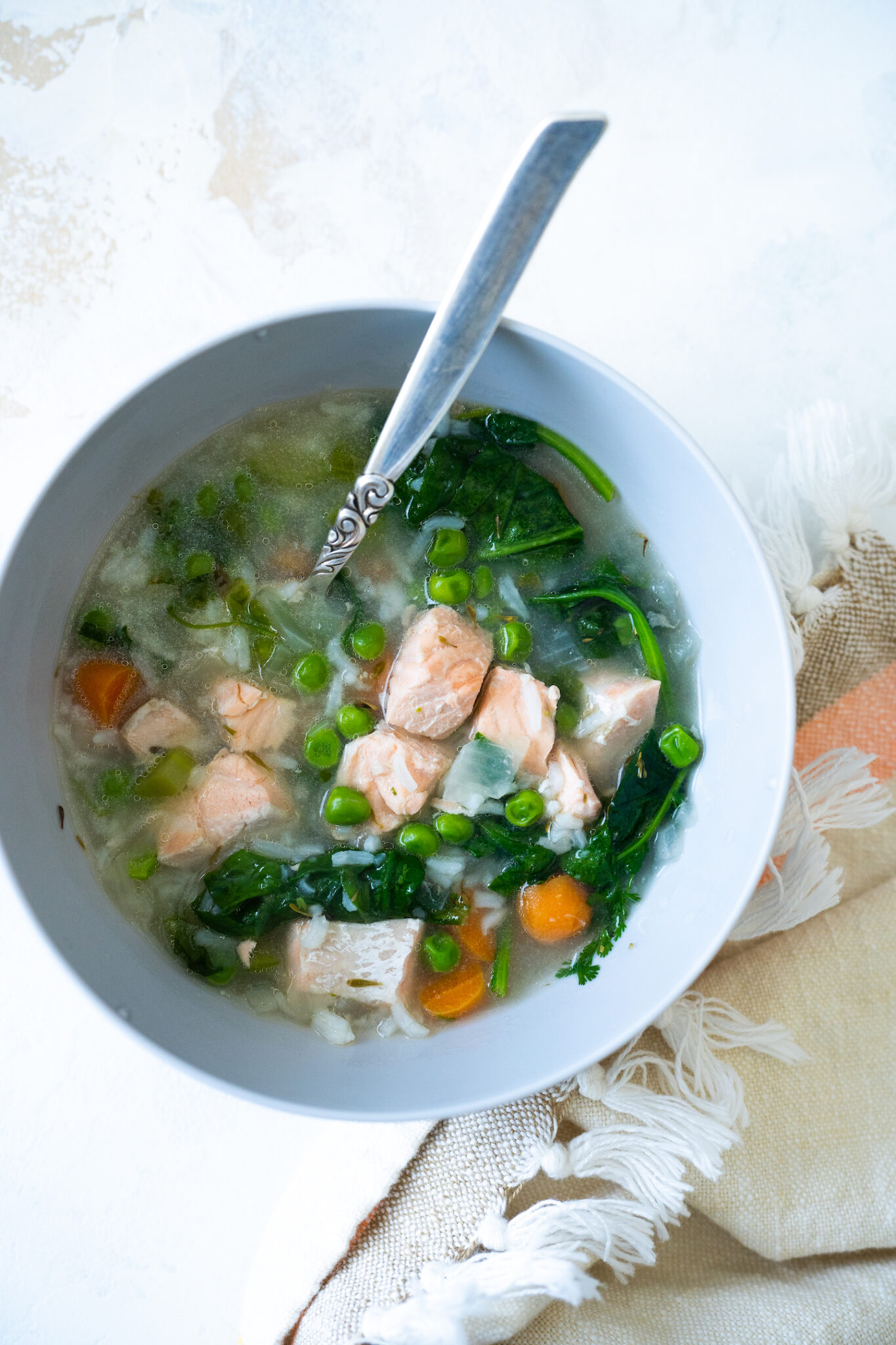 Leftover rice, veggie and salmon soup - Healthy Kitchen Littles