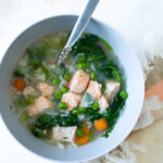 Veggie, salmon, rice soup